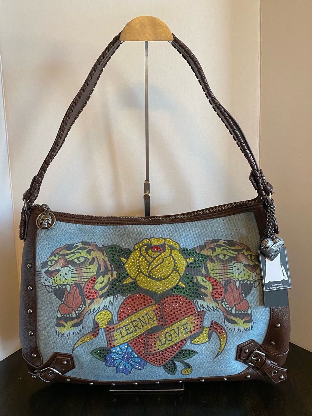 ED HARDY Rhinestones Embellished Studded Large Shoulder Bag Purse